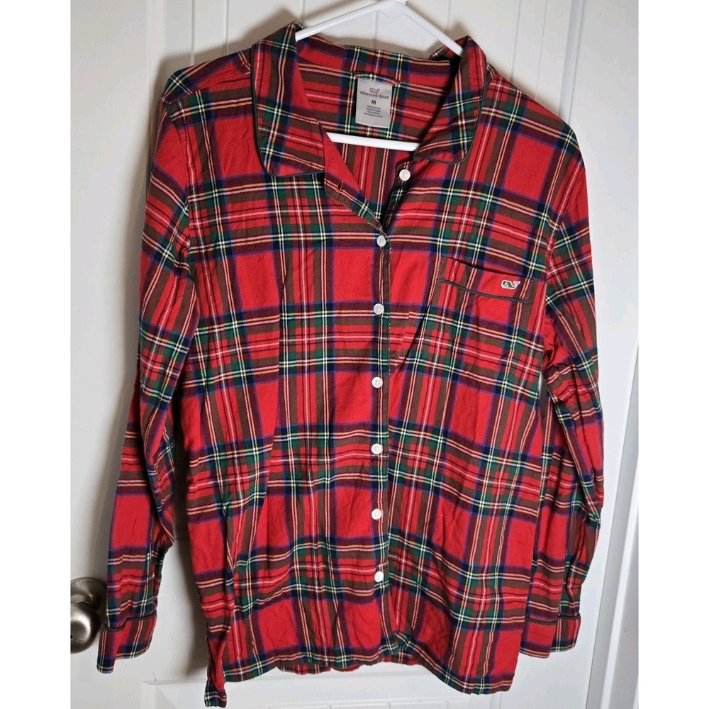 Vineyard Vines Pajama Top Women's SZ M Red Plaid Flannel Sleepwear Shirt Logo